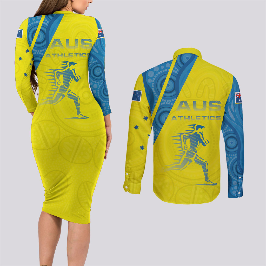 Australian Athletics Couples Matching Long Sleeve Bodycon Dress and Long Sleeve Button Shirt Modern Indigenous Circle Pattern Sport Art