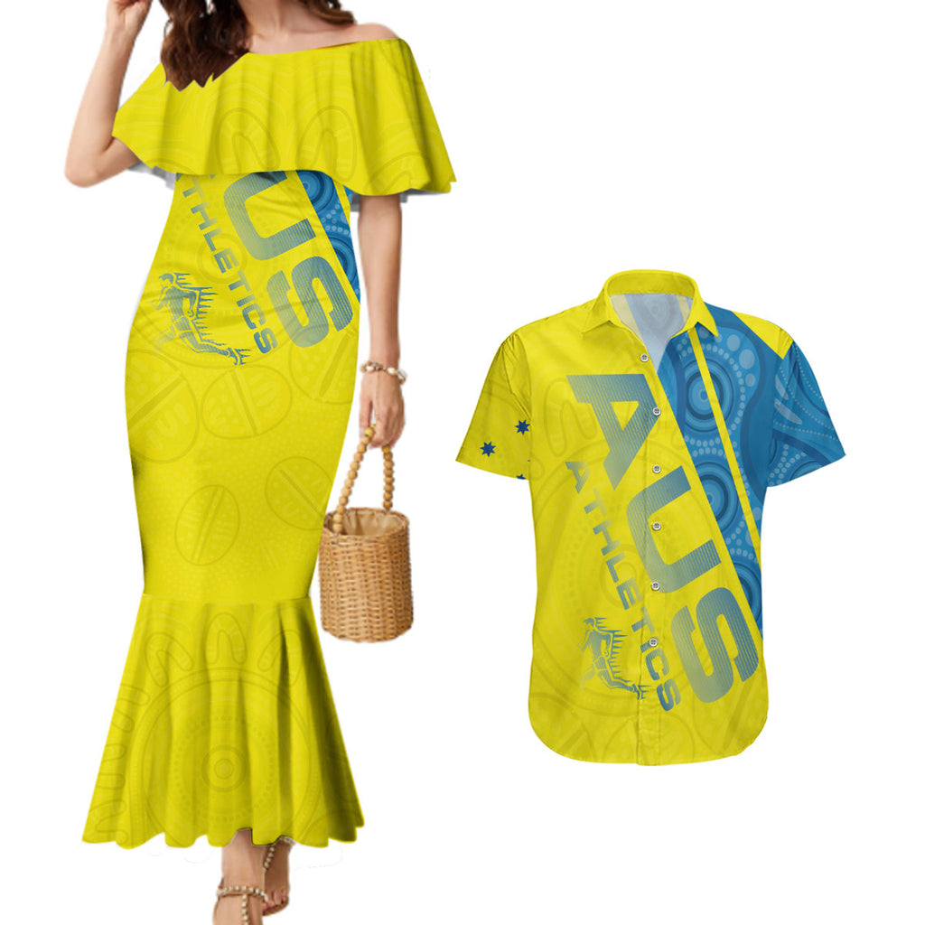Australian Athletics Couples Matching Mermaid Dress and Hawaiian Shirt Modern Indigenous Circle Pattern Sport Art