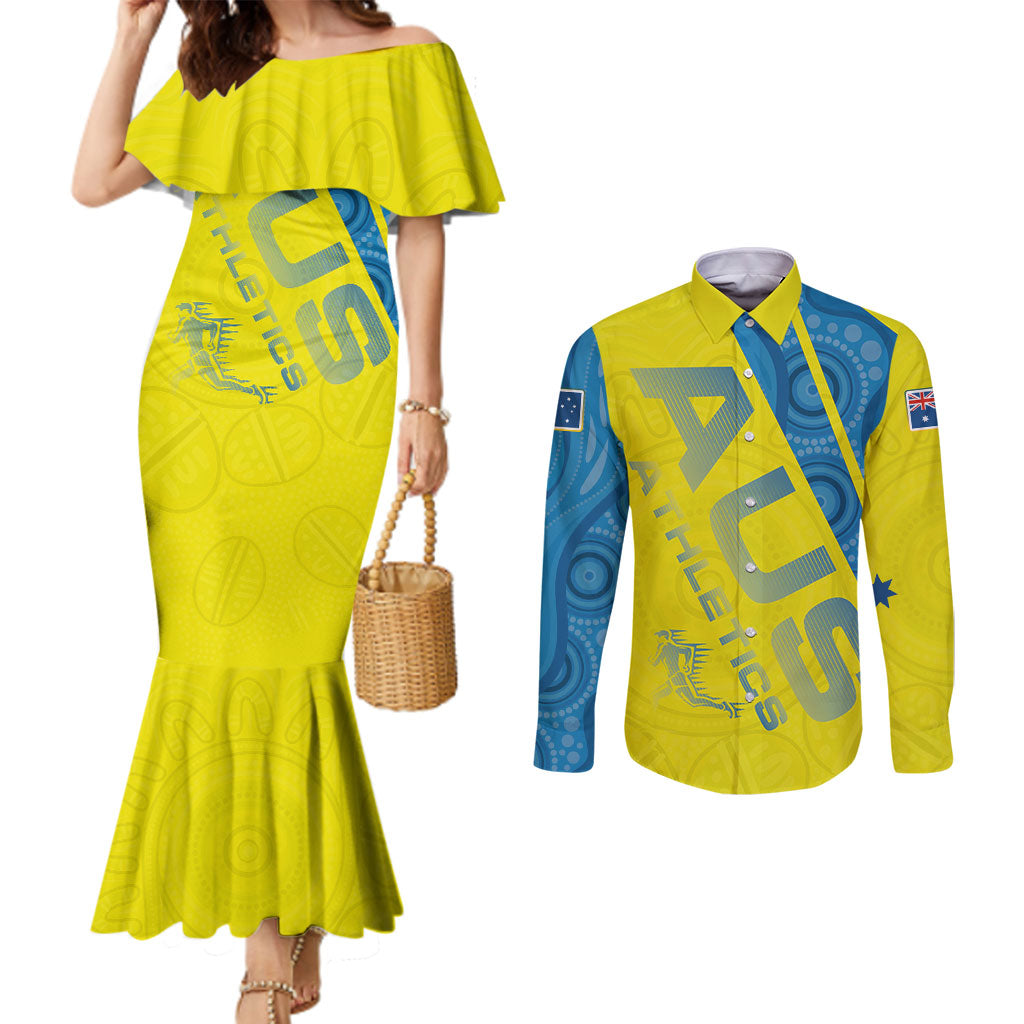 Australian Athletics Couples Matching Mermaid Dress and Long Sleeve Button Shirt Modern Indigenous Circle Pattern Sport Art