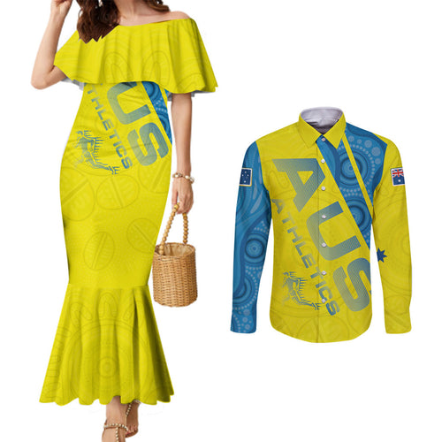 Australian Athletics Couples Matching Mermaid Dress and Long Sleeve Button Shirt Modern Indigenous Circle Pattern Sport Art