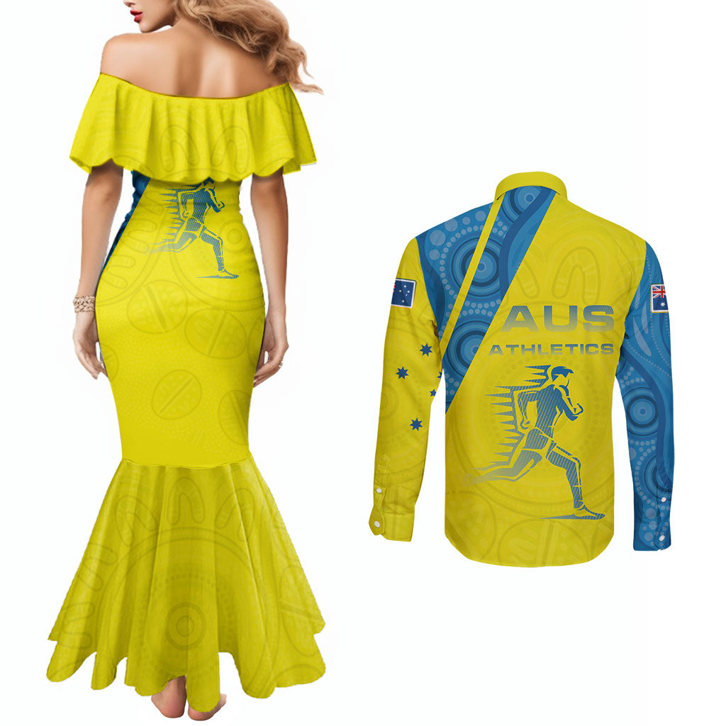 Australian Athletics Couples Matching Mermaid Dress and Long Sleeve Button Shirt Modern Indigenous Circle Pattern Sport Art