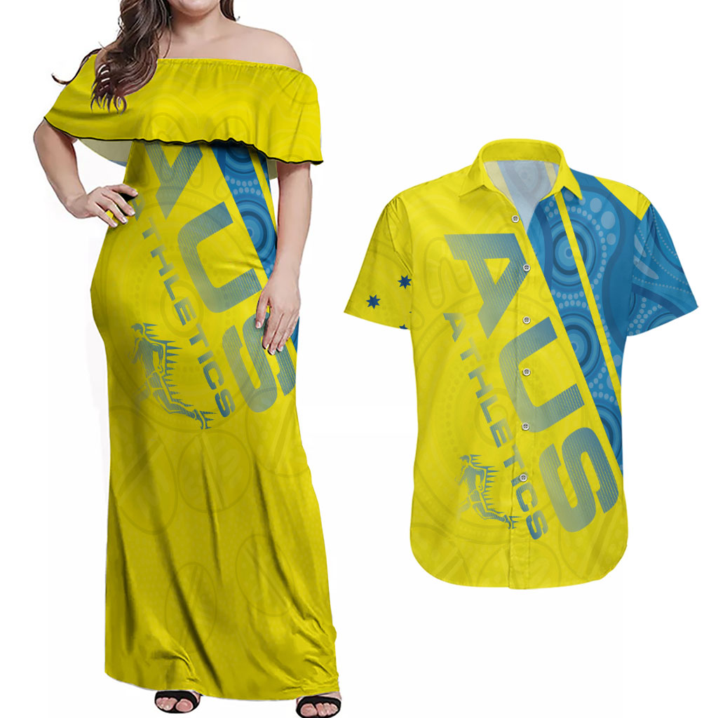 Australian Athletics Couples Matching Off Shoulder Maxi Dress and Hawaiian Shirt Modern Indigenous Circle Pattern Sport Art