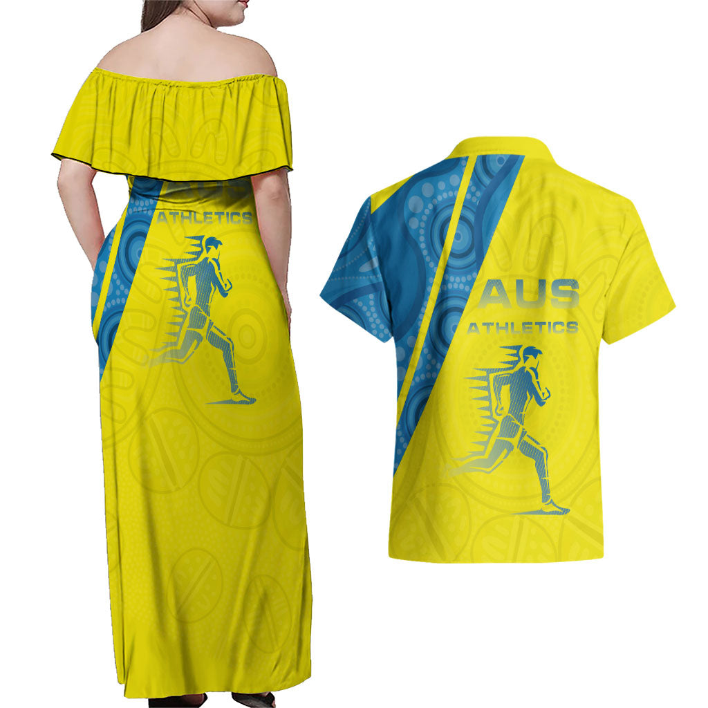 Australian Athletics Couples Matching Off Shoulder Maxi Dress and Hawaiian Shirt Modern Indigenous Circle Pattern Sport Art