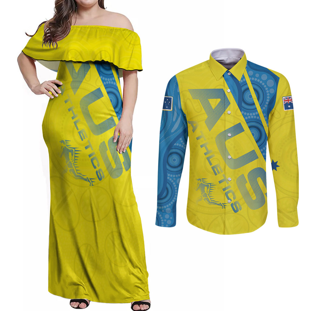 Australian Athletics Couples Matching Off Shoulder Maxi Dress and Long Sleeve Button Shirt Modern Indigenous Circle Pattern Sport Art
