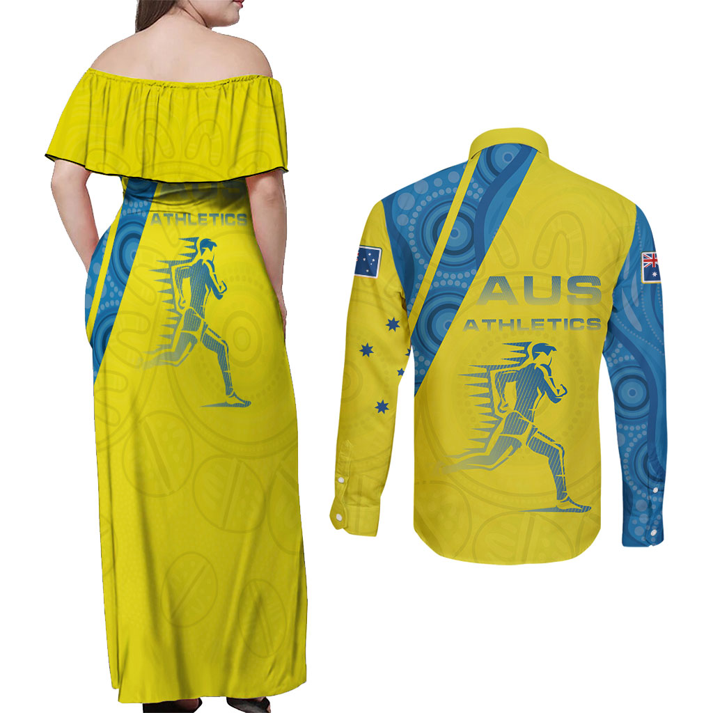 Australian Athletics Couples Matching Off Shoulder Maxi Dress and Long Sleeve Button Shirt Modern Indigenous Circle Pattern Sport Art