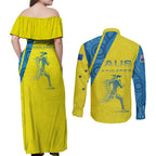 Australian Athletics Couples Matching Off Shoulder Maxi Dress and Long Sleeve Button Shirt Modern Indigenous Circle Pattern Sport Art