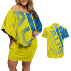 Australian Athletics Couples Matching Off Shoulder Short Dress and Hawaiian Shirt Modern Indigenous Circle Pattern Sport Art