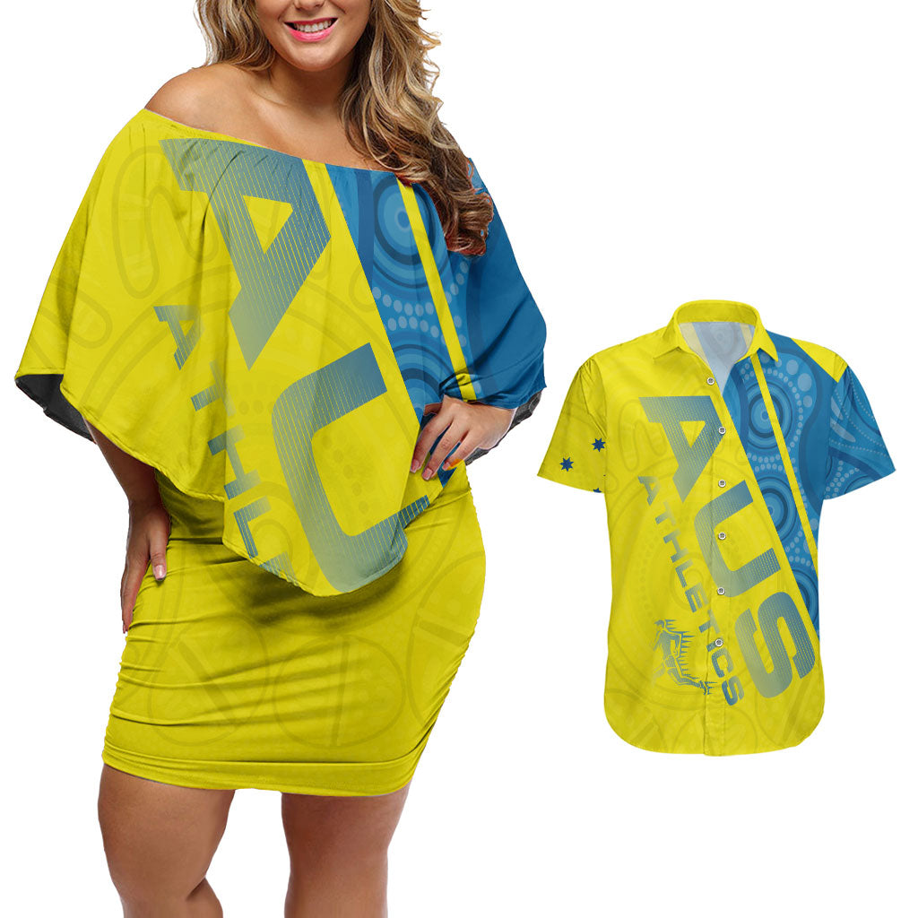 Australian Athletics Couples Matching Off Shoulder Short Dress and Hawaiian Shirt Modern Indigenous Circle Pattern Sport Art