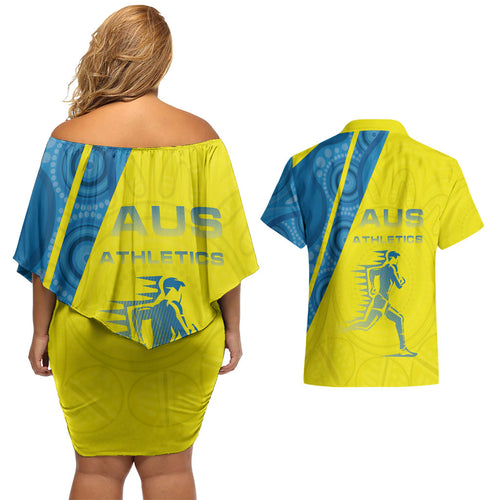 Australian Athletics Couples Matching Off Shoulder Short Dress and Hawaiian Shirt Modern Indigenous Circle Pattern Sport Art