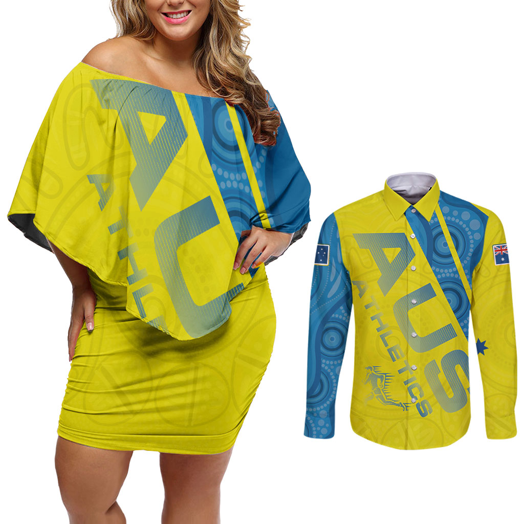 Australian Athletics Couples Matching Off Shoulder Short Dress and Long Sleeve Button Shirt Modern Indigenous Circle Pattern Sport Art
