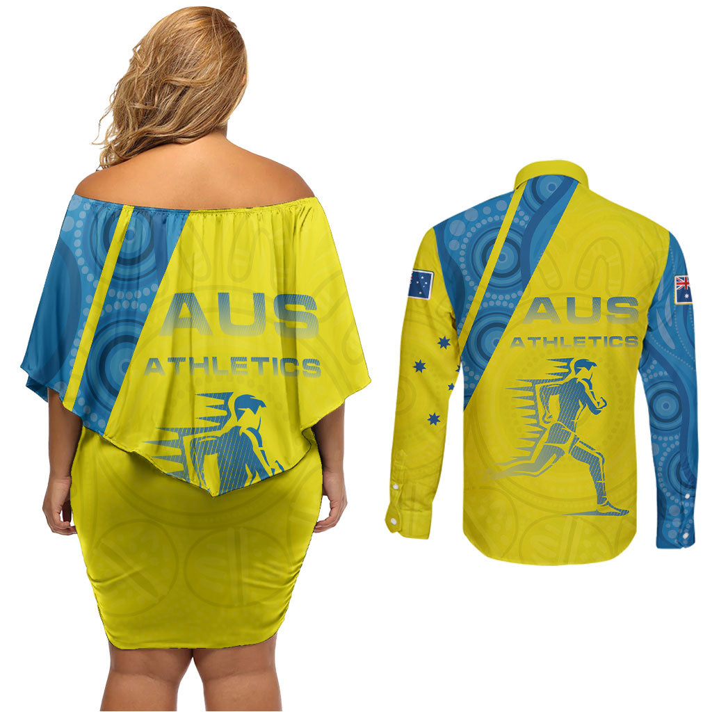 Australian Athletics Couples Matching Off Shoulder Short Dress and Long Sleeve Button Shirt Modern Indigenous Circle Pattern Sport Art