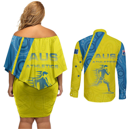 Australian Athletics Couples Matching Off Shoulder Short Dress and Long Sleeve Button Shirt Modern Indigenous Circle Pattern Sport Art