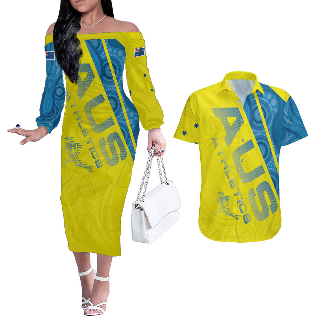 Australian Athletics Couples Matching Off The Shoulder Long Sleeve Dress and Hawaiian Shirt Modern Indigenous Circle Pattern Sport Art