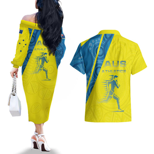 Australian Athletics Couples Matching Off The Shoulder Long Sleeve Dress and Hawaiian Shirt Modern Indigenous Circle Pattern Sport Art