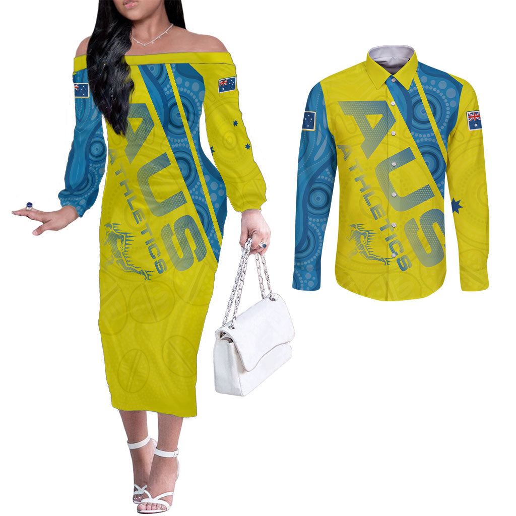 Australian Athletics Couples Matching Off The Shoulder Long Sleeve Dress and Long Sleeve Button Shirt Modern Indigenous Circle Pattern Sport Art