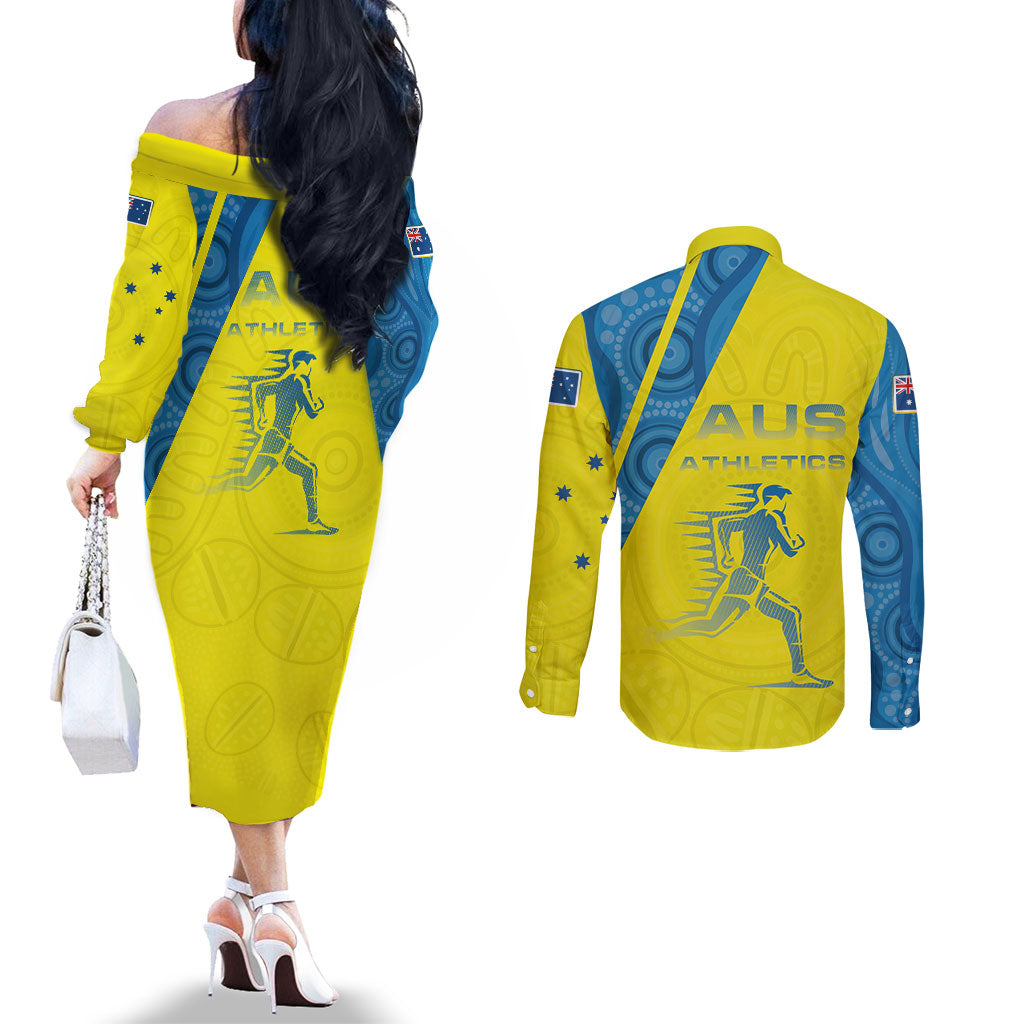 Australian Athletics Couples Matching Off The Shoulder Long Sleeve Dress and Long Sleeve Button Shirt Modern Indigenous Circle Pattern Sport Art