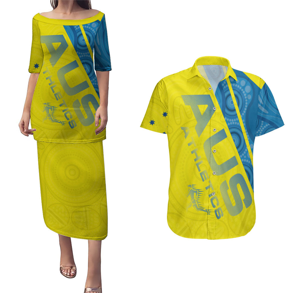 Australian Athletics Couples Matching Puletasi and Hawaiian Shirt Modern Indigenous Circle Pattern Sport Art