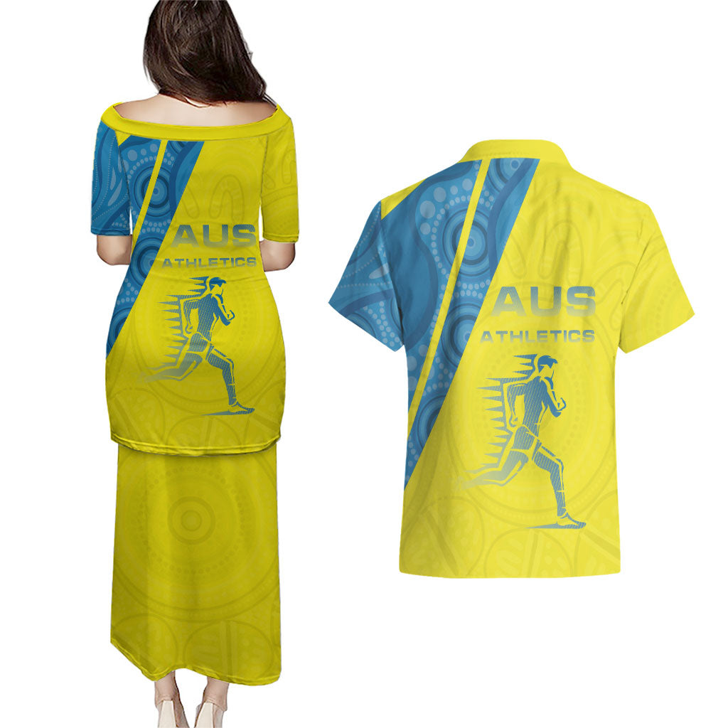 Australian Athletics Couples Matching Puletasi and Hawaiian Shirt Modern Indigenous Circle Pattern Sport Art