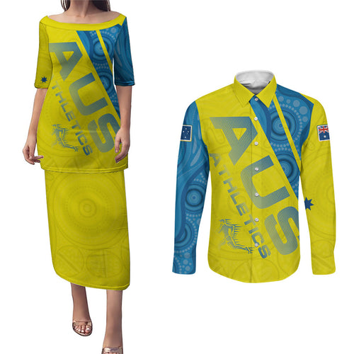 Australian Athletics Couples Matching Puletasi and Long Sleeve Button Shirt Modern Indigenous Circle Pattern Sport Art