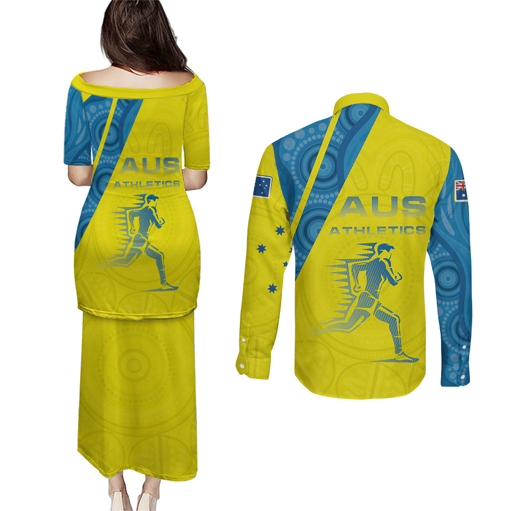 Australian Athletics Couples Matching Puletasi and Long Sleeve Button Shirt Modern Indigenous Circle Pattern Sport Art