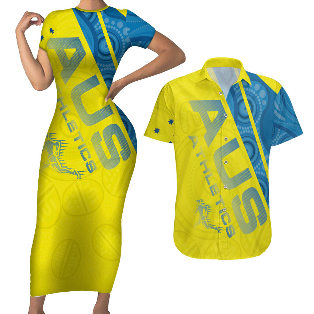 Australian Athletics Couples Matching Short Sleeve Bodycon Dress and Hawaiian Shirt Modern Indigenous Circle Pattern Sport Art