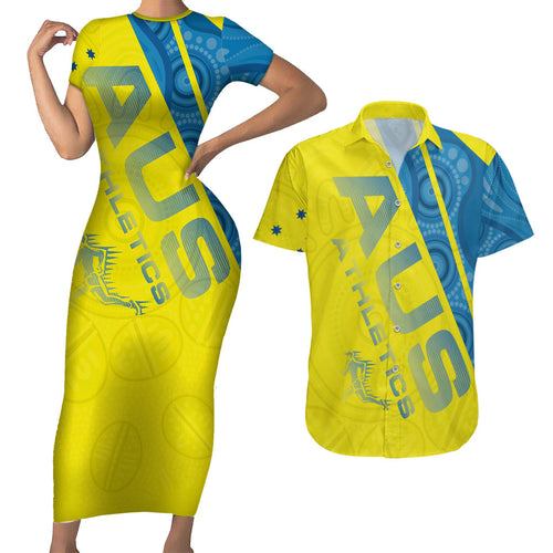 Australian Athletics Couples Matching Short Sleeve Bodycon Dress and Hawaiian Shirt Modern Indigenous Circle Pattern Sport Art