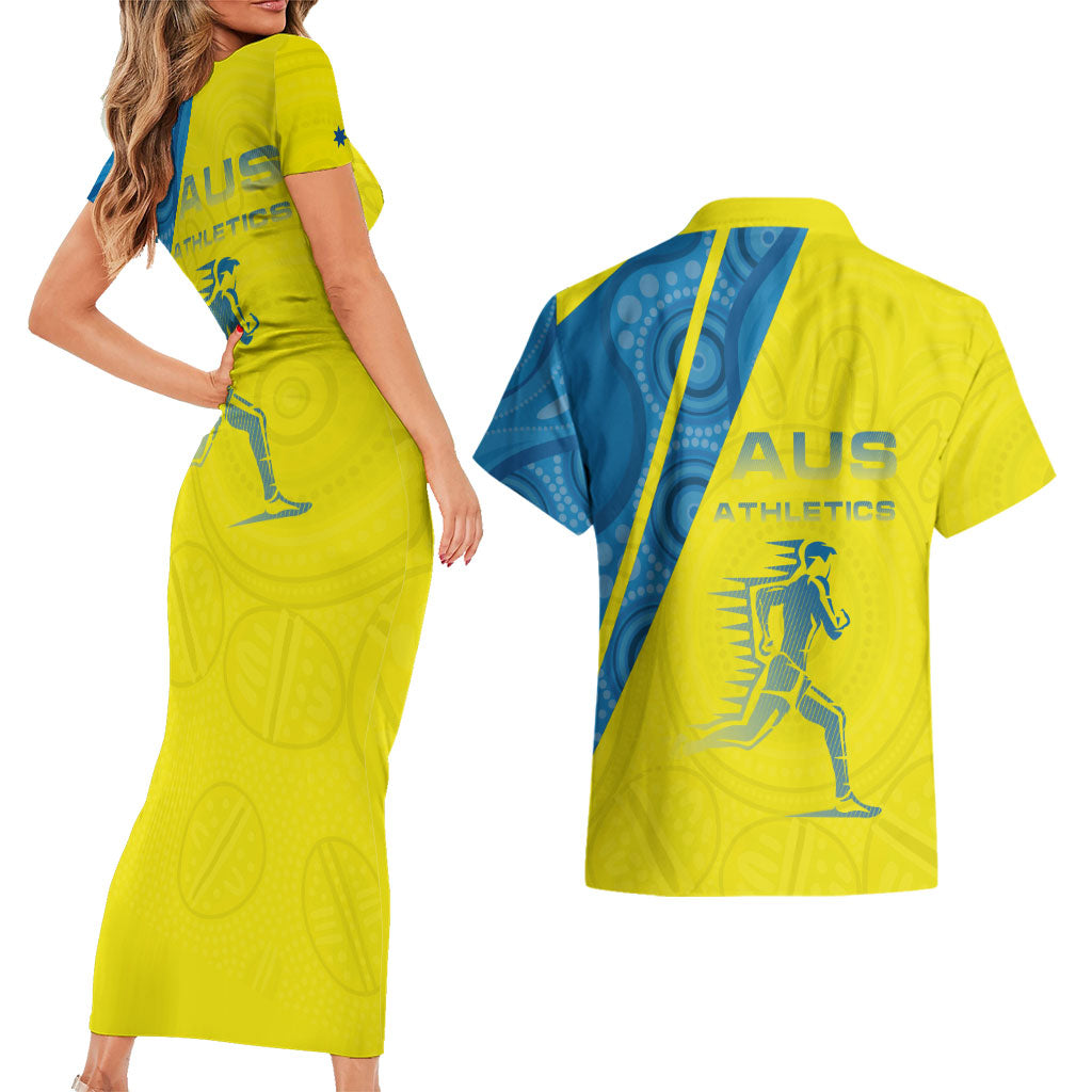 Australian Athletics Couples Matching Short Sleeve Bodycon Dress and Hawaiian Shirt Modern Indigenous Circle Pattern Sport Art