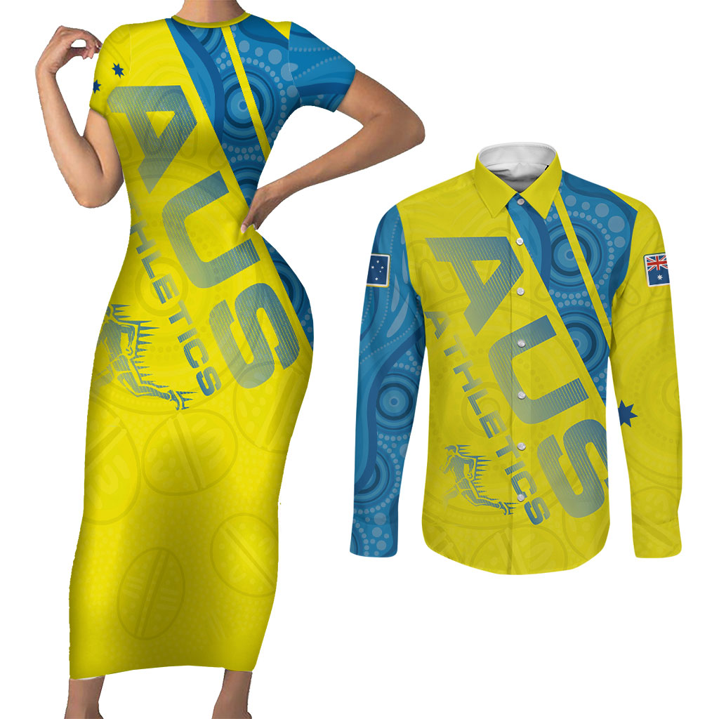 Australian Athletics Couples Matching Short Sleeve Bodycon Dress and Long Sleeve Button Shirt Modern Indigenous Circle Pattern Sport Art