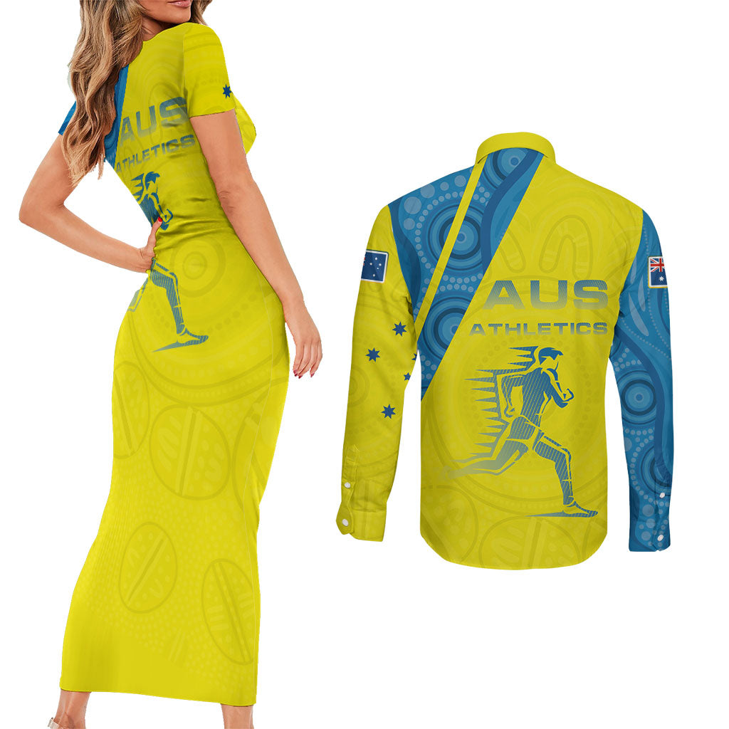 Australian Athletics Couples Matching Short Sleeve Bodycon Dress and Long Sleeve Button Shirt Modern Indigenous Circle Pattern Sport Art