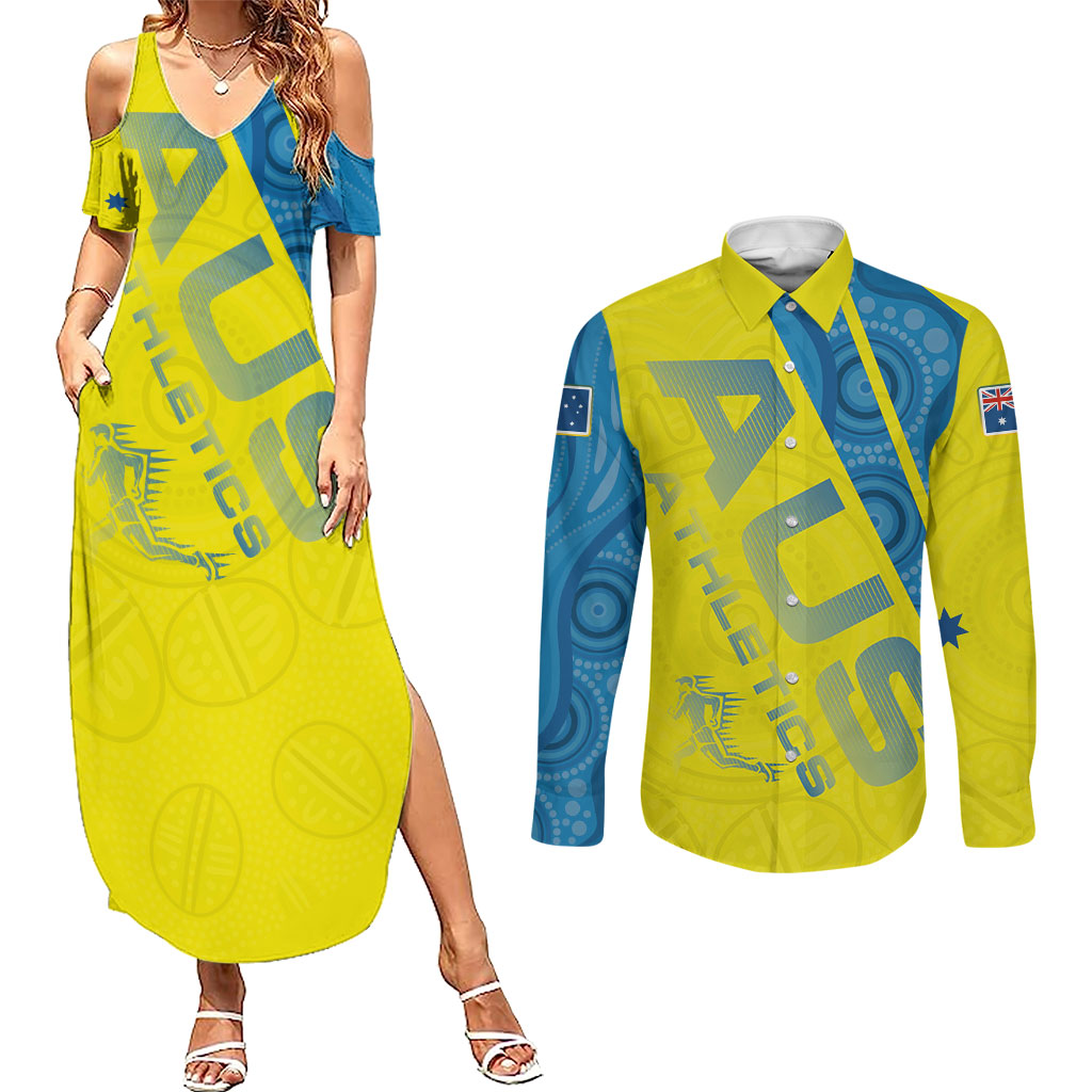 Australian Athletics Couples Matching Summer Maxi Dress and Long Sleeve Button Shirt Modern Indigenous Circle Pattern Sport Art