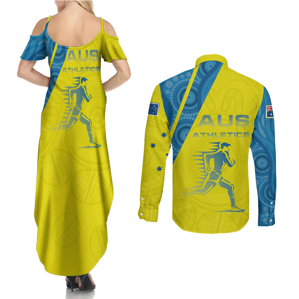 Australian Athletics Couples Matching Summer Maxi Dress and Long Sleeve Button Shirt Modern Indigenous Circle Pattern Sport Art
