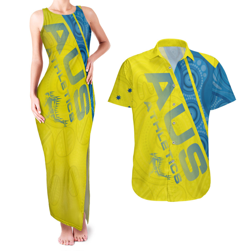 Australian Athletics Couples Matching Tank Maxi Dress and Hawaiian Shirt Modern Indigenous Circle Pattern Sport Art