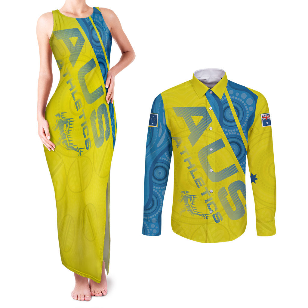 Australian Athletics Couples Matching Tank Maxi Dress and Long Sleeve Button Shirt Modern Indigenous Circle Pattern Sport Art