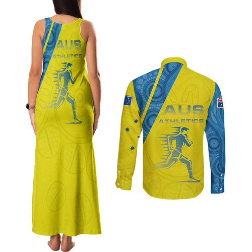 Australian Athletics Couples Matching Tank Maxi Dress and Long Sleeve Button Shirt Modern Indigenous Circle Pattern Sport Art