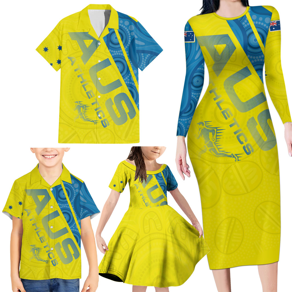 Australian Athletics Family Matching Long Sleeve Bodycon Dress and Hawaiian Shirt Modern Indigenous Circle Pattern Sport Art