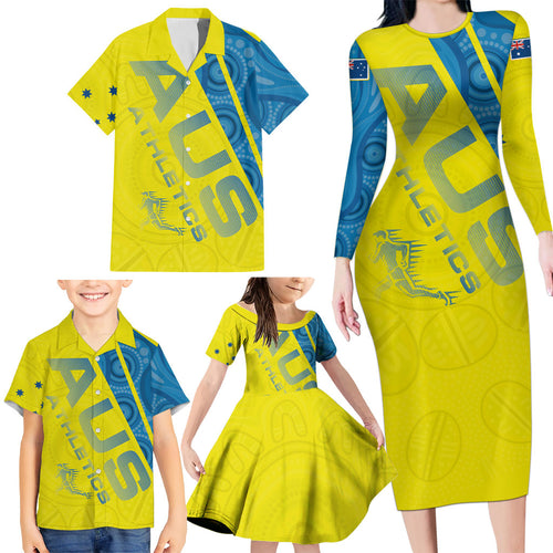 Australian Athletics Family Matching Long Sleeve Bodycon Dress and Hawaiian Shirt Modern Indigenous Circle Pattern Sport Art