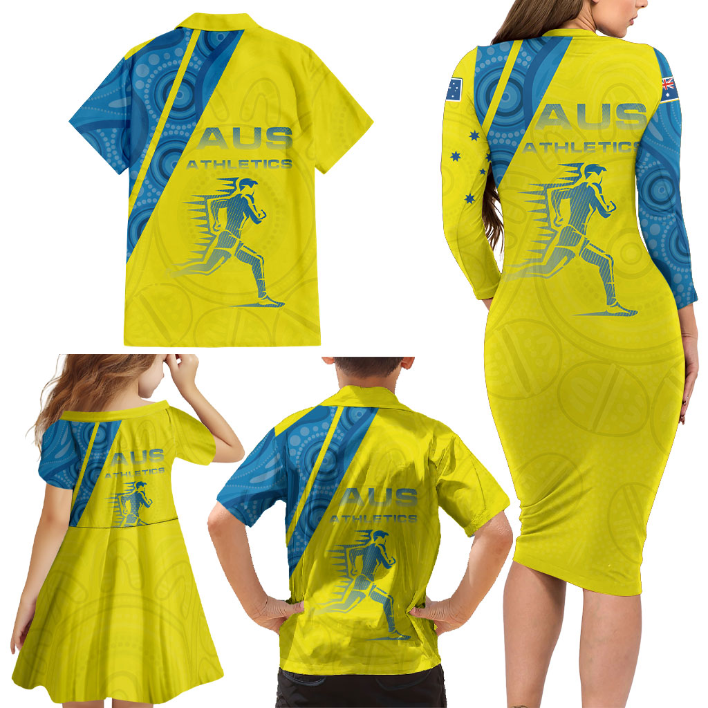 Australian Athletics Family Matching Long Sleeve Bodycon Dress and Hawaiian Shirt Modern Indigenous Circle Pattern Sport Art