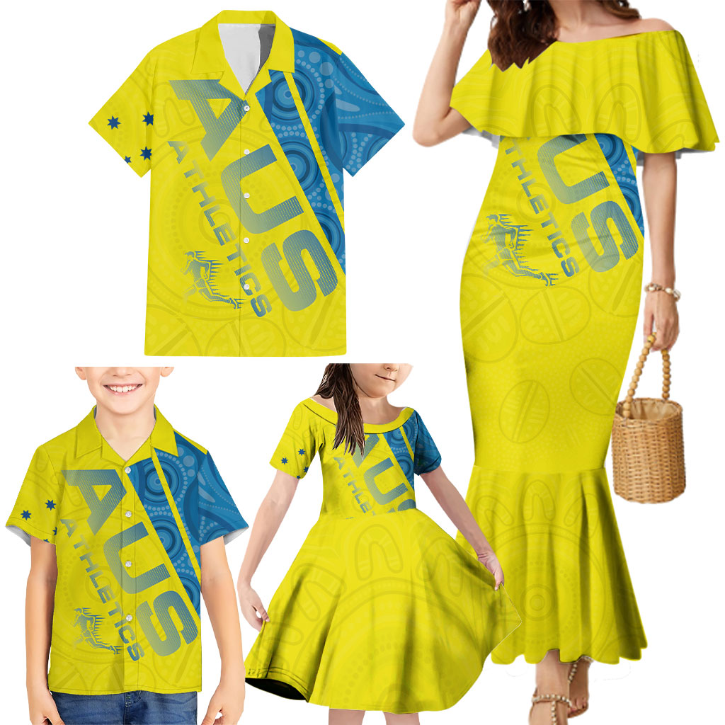 Australian Athletics Family Matching Mermaid Dress and Hawaiian Shirt Modern Indigenous Circle Pattern Sport Art