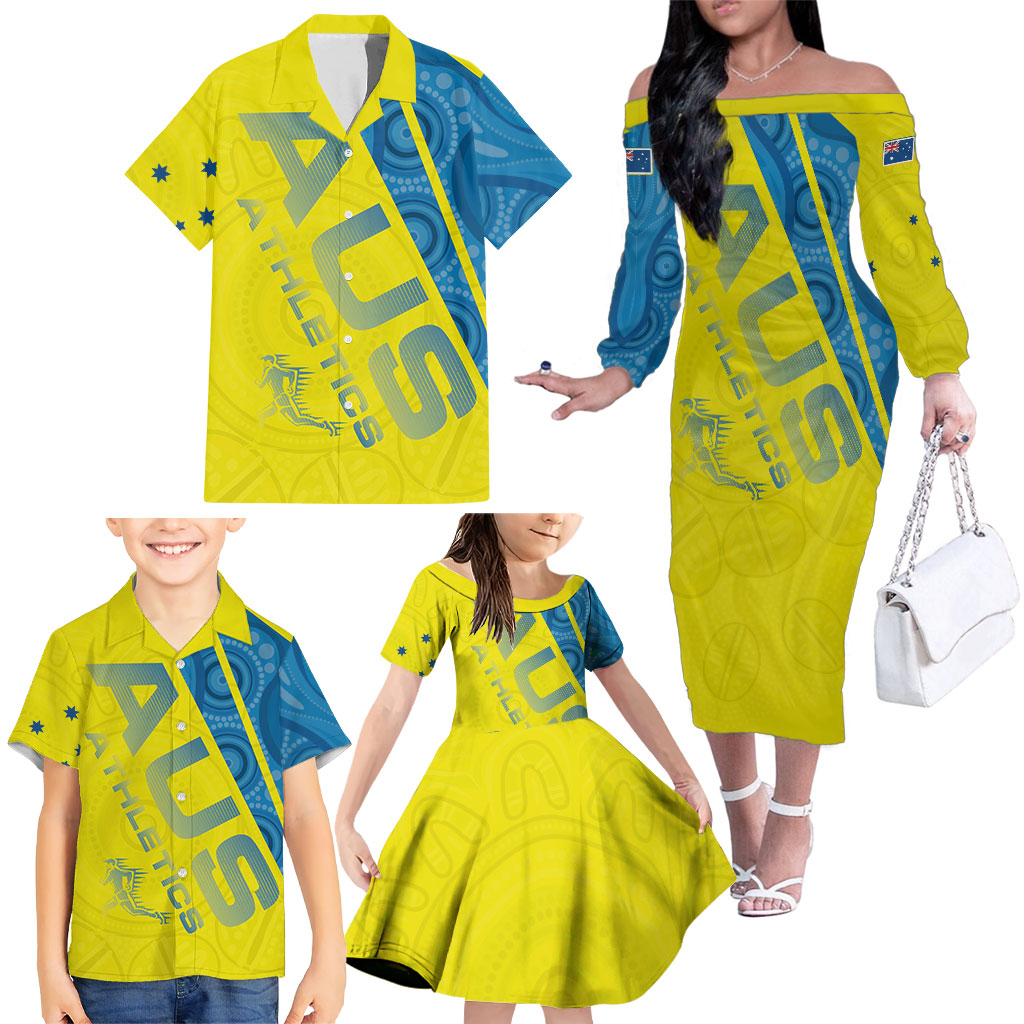 Australian Athletics Family Matching Off The Shoulder Long Sleeve Dress and Hawaiian Shirt Modern Indigenous Circle Pattern Sport Art