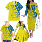 Australian Athletics Family Matching Off The Shoulder Long Sleeve Dress and Hawaiian Shirt Modern Indigenous Circle Pattern Sport Art