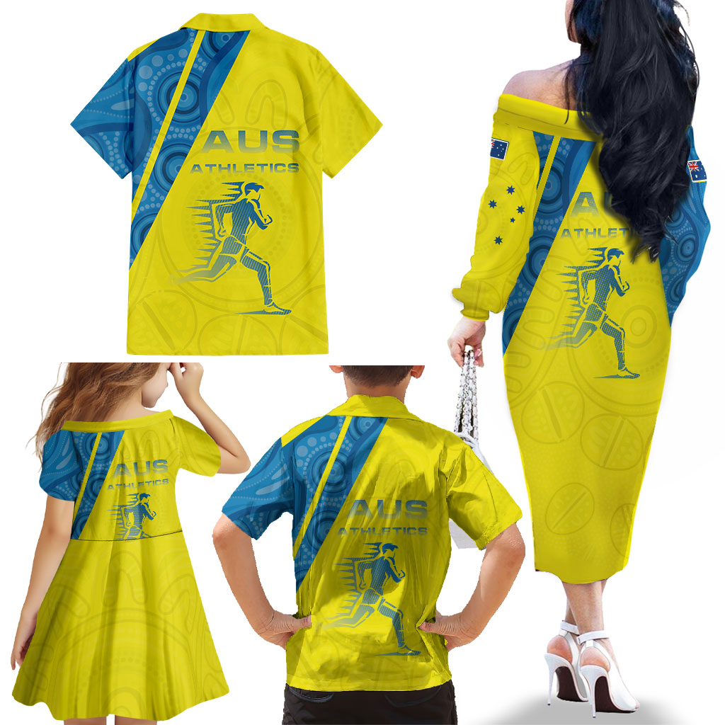 Australian Athletics Family Matching Off The Shoulder Long Sleeve Dress and Hawaiian Shirt Modern Indigenous Circle Pattern Sport Art