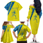 Australian Athletics Family Matching Off The Shoulder Long Sleeve Dress and Hawaiian Shirt Modern Indigenous Circle Pattern Sport Art