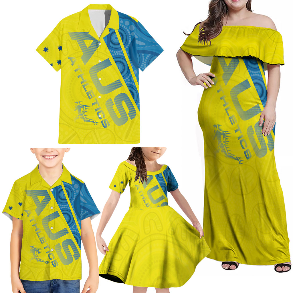 Australian Athletics Family Matching Off Shoulder Maxi Dress and Hawaiian Shirt Modern Indigenous Circle Pattern Sport Art