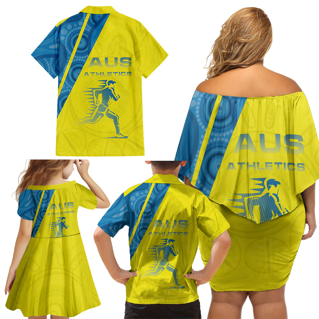 Australian Athletics Family Matching Off Shoulder Short Dress and Hawaiian Shirt Modern Indigenous Circle Pattern Sport Art