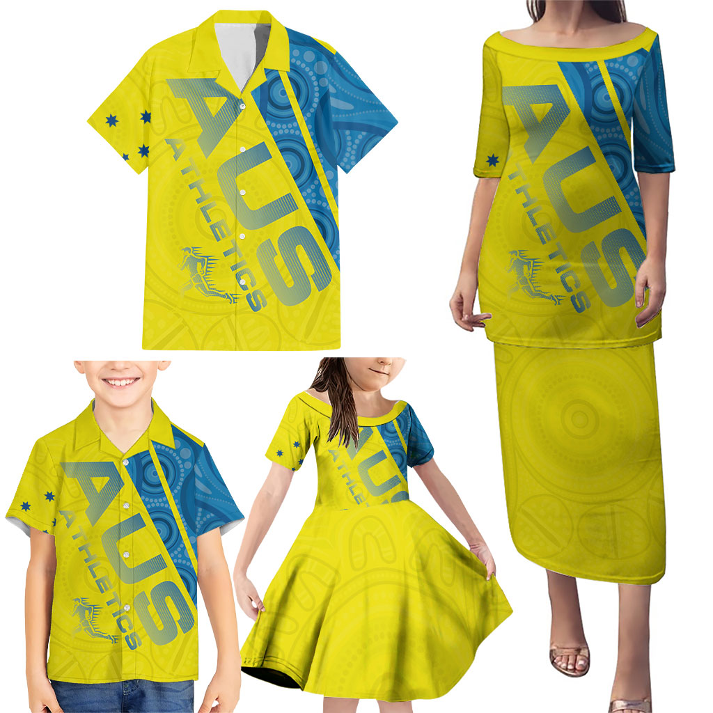 Australian Athletics Family Matching Puletasi and Hawaiian Shirt Modern Indigenous Circle Pattern Sport Art