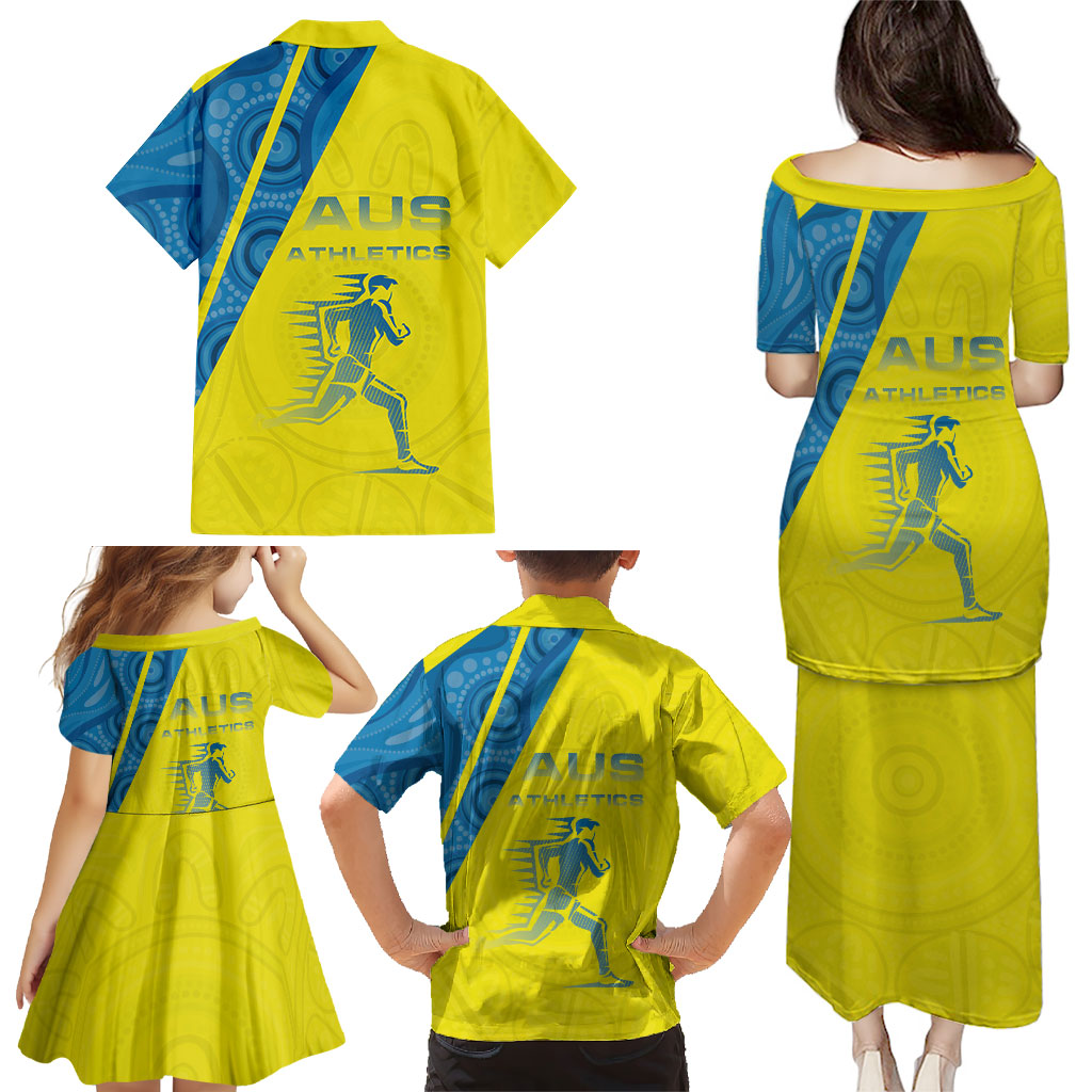 Australian Athletics Family Matching Puletasi and Hawaiian Shirt Modern Indigenous Circle Pattern Sport Art