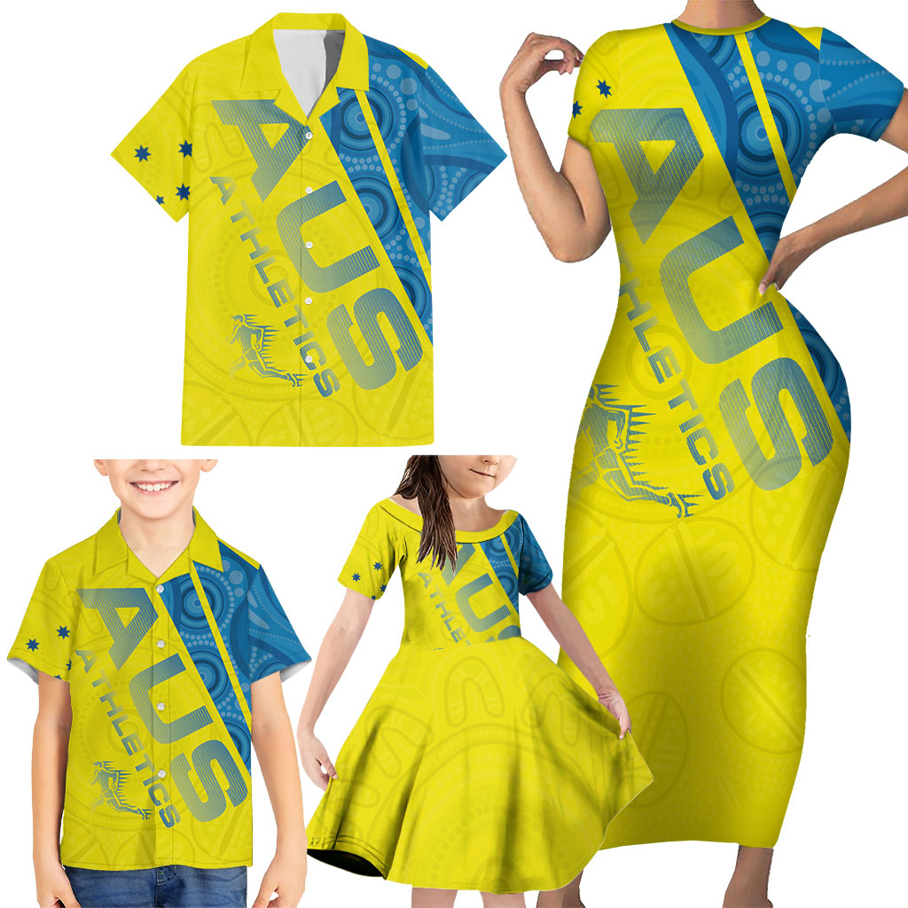 Australian Athletics Family Matching Short Sleeve Bodycon Dress and Hawaiian Shirt Modern Indigenous Circle Pattern Sport Art