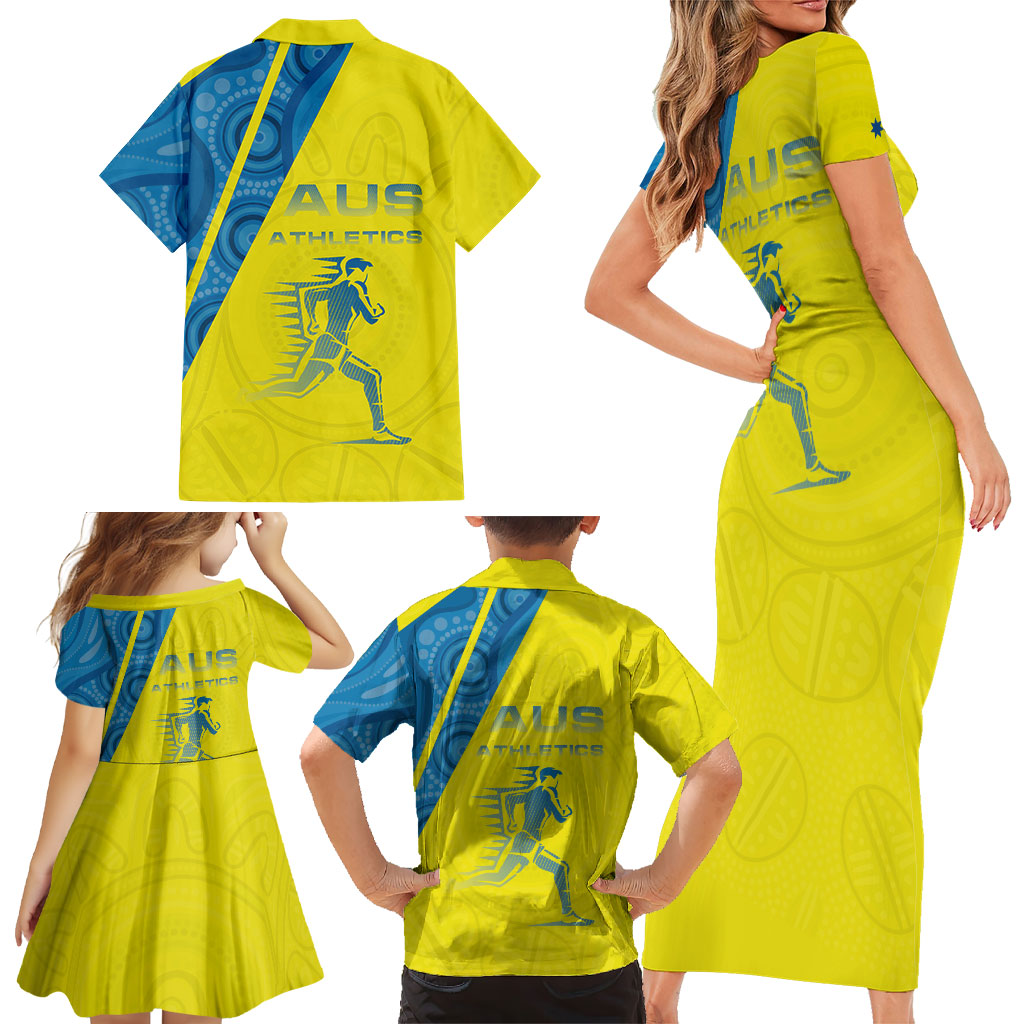 Australian Athletics Family Matching Short Sleeve Bodycon Dress and Hawaiian Shirt Modern Indigenous Circle Pattern Sport Art