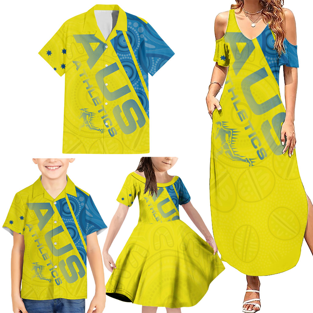 Australian Athletics Family Matching Summer Maxi Dress and Hawaiian Shirt Modern Indigenous Circle Pattern Sport Art