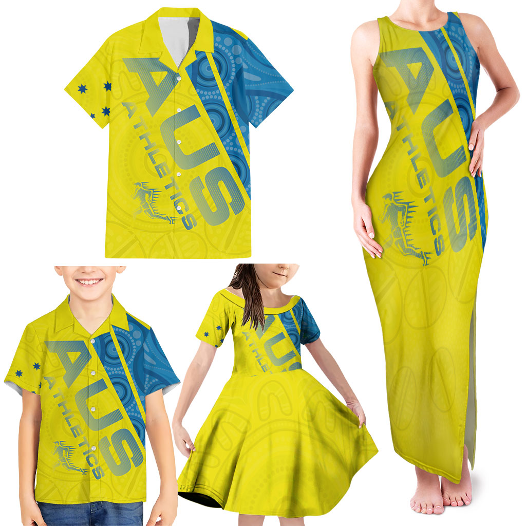 Australian Athletics Family Matching Tank Maxi Dress and Hawaiian Shirt Modern Indigenous Circle Pattern Sport Art